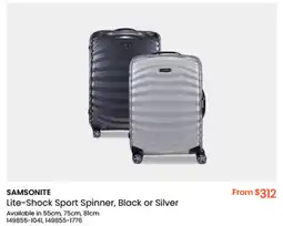 Myer SAMSONITE Lite-Shock Sport Spinner, Black or Silver offer