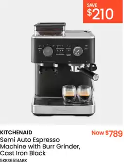 Myer KITCHENAID Semi Auto Espresso Machine with Burr Grinder, Cast Iron Black offer
