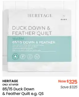 Myer HERITAGE ONLY AT MYER 85/15 Duck Down & Feather Quilt e.g. QS offer
