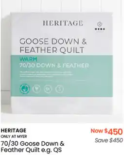 Myer HERITAGE 70/30 Goose Down & Feather Quilt e.g. QS offer