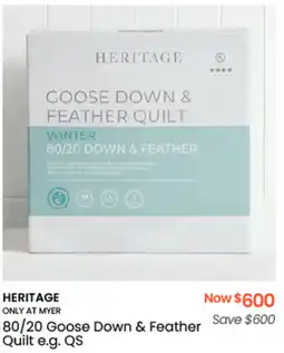 Myer HERITAGE 80/20 Goose Down & Feather Quilt e.g. QS offer