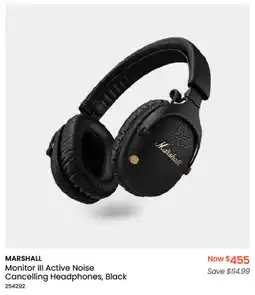 Myer MARSHALL Monitor III Active Noise Cancelling Headphones, Black offer
