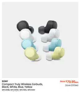 Myer SONY Compact Truly Wireless Earbuds, Black, White, Blue, Yellow offer