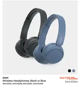 Myer SONY Wireless Headphones, Black or Blue offer