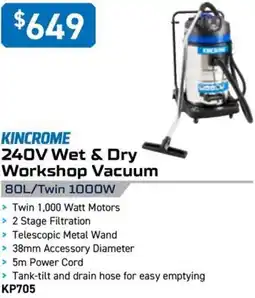 Kincrome KINCROME 240V Wet & Dry Workshop Vacuum 80L/Twin 1000W offer