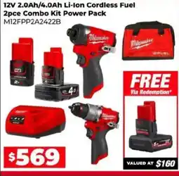Sydney Tools 12V 2.0Ah/4.0Ah Li-Ion Cordless Fuel 2pce Combo Kit Power Pack M12FPP2A2422B offer