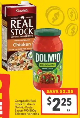 Supa Valu Campbell's Real Stock 1 Litre or Dolmio Pasta Sauce offer