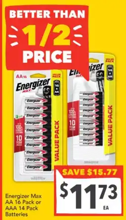 Supa Valu Energizer Max AA 16 Pack or AAA 14 Pack Batteries offer