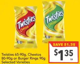 Supa Valu Twisties 65-90g, Cheetos 80-90g or Burger Rings 90g Selected Varieties offer