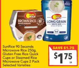 Supa Valu Sunrice 90 seconds microwave rice 250g, gluten free rice quick cups or steamed rice microwave cups 2 pack selected varieties offer