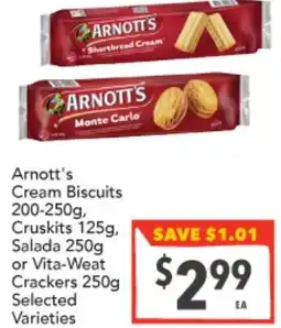Supa Valu Arnott's Cream Biscuits 200-250g, Cruskits 125g, Salada 250g or Vita-Weat Crackers 250g offer