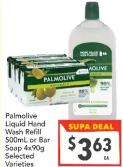 Supa Valu Palmolive Liquid Hand Wash Refill 500mL or Bar Soap 4x90g offer