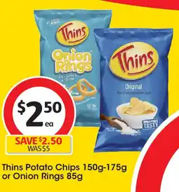 Coles Thins Potato Chips 150g-175g or Onion Rings 85g offer