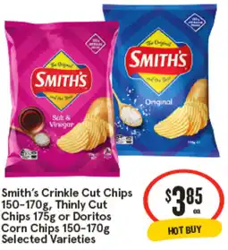 IGA Smith's Crinkle Cut Chips 150-170g, Thinly Cut Chips 175g or Doritos Corn Chips 150-170g Selected Varieties offer