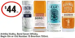 IGA Arktika Vodka, Bond Seven Whisky, Begin Gin or Old Number 15 Bourbon offer