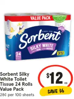 IGA Sorbent Silky White Toilet Tissue 24 Rolls Value Pack 28¢ per 100 sheets offer