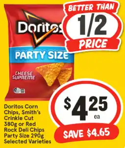 IGA Doritos Corn Chips, Smith's Crinkle Cut 380g or Red Rock Deli Chips Party Size 290g Selected Varieties offer
