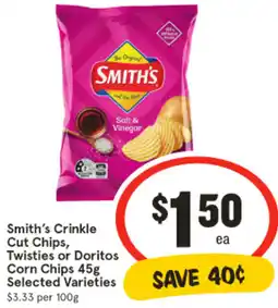 IGA Smith's Crinkle Cut Chips, Twisties or Doritos Corn Chips Selected Varieties offer
