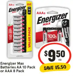IGA Energizer Max Batteries AA 10 Pack or AAA 8 Pack offer