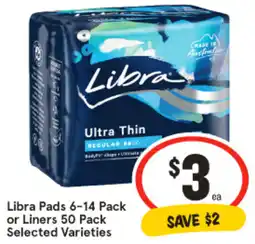 IGA Libra Pads 6-14 Pack or Liners 50 Pack Selected Varieties offer