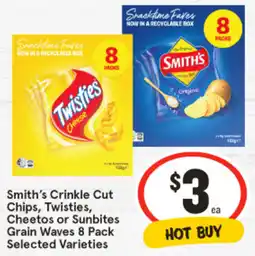 IGA Smith's Crinkle Cut Chips, Twisties, Cheetos or Sunbites Grain Waves 8 Pack Selected Varieties offer