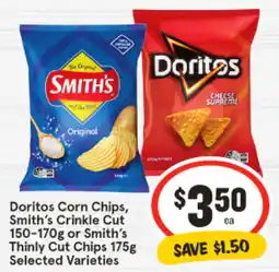 IGA Doritos Corn Chips, Smith's Crinkle Cut 150-170g or Smith's Thinly Cut Chips 175g Selected Varieties offer