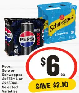 IGA Pepsi, Solo or Schweppes 6x275mL or 6x250mL Selected Varieties offer