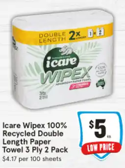 IGA Icare Wipex 100% Recycled Double Length Paper Towel 3 Ply 2 Pack offer