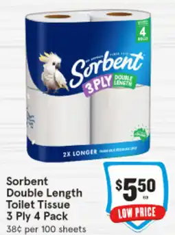 IGA Sorbent Double Length Toilet Tissue 13 Ply 4 Pack offer