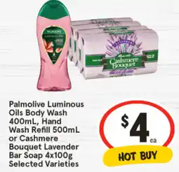 IGA Palmolive Luminous Oils Body Wash 400mL, Hand Wash Refill 500mL or Cashmere Bouquet Lavender Bar Soap 4x100g offer