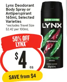 IGA Lynx Deodorant Body Spray or Antiperspirant Selected Varieties offer