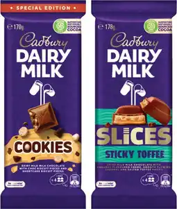 Coles NEW Cadbury Sticky Toffee Slices Block Chocolate 178g or Cookies Block Chocolate 170g offer