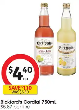 Coles Bickford's Cordial $5.87 per litre offer