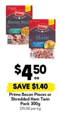 Drakes Primo Bacon Pieces or Shredded Ham Twin Pack 300g offer