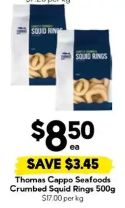 Drakes Thomas Cappo Seafoods Crumbed Squid Rings 500g offer