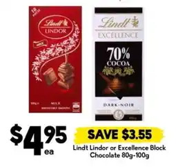 Drakes Lindt Lindor or Excellence Block Chocolate 80g-100g offer