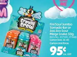 Campbells Wholesale Fini Sour Jumbo Tornado Bar or Joo Joo Sour Mega Snake offer