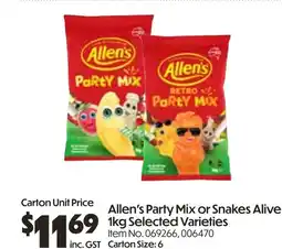 Campbells Wholesale Allen's Party Mix or Snakes Alive Selected Varieties offer