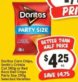 IGA Doritos Corn Chips, Smith's Crinkle Cut 380g or Red Rock Deli Chips Party Size offer