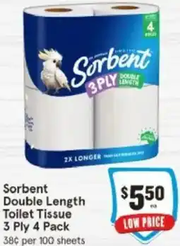IGA Sorbent Double Length Toilet Tissue 3 Ply 4 Pack offer