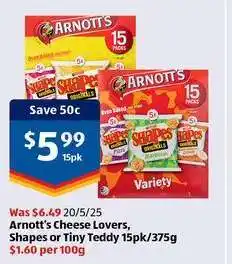 ALDI Arnott's Cheese Lovers, Shapes or Tiny Teddy 15pk/375g offer
