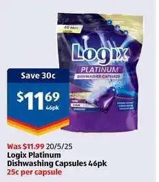 ALDI Logix Platinum Dishwashing Capsules 46pk offer