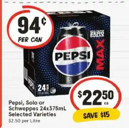 IGA Pepsi, Solo or Schweppes 24x375mL Selected Varieties offer
