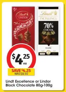 Coles Lindt Excellence or Lindor Block Chocolate 80g-100g offer