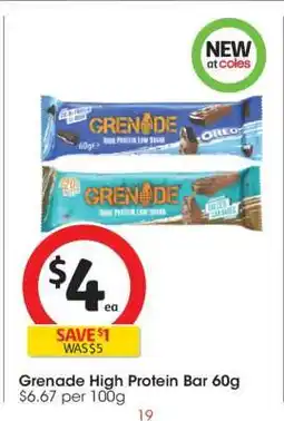 Coles Grenade High Protein Bar 60g offer