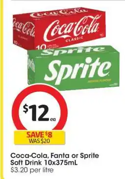 Coles Coca-Cola, Fanta or Sprite Soft Drink 10x375mL offer