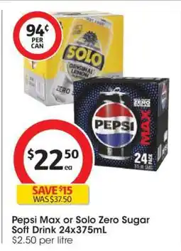 Coles Pepsi Max or Solo Zero Sugar Soft Drink 24x375mL offer