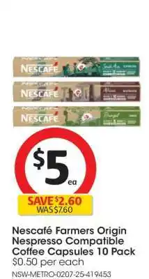 Coles Nescafé Farmers Origin Nespresso Compatible Coffee Capsules 10 Pack offer