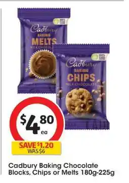 Coles Cadbury Baking Chocolate Blocks, Chips or Melts 180g-225g offer