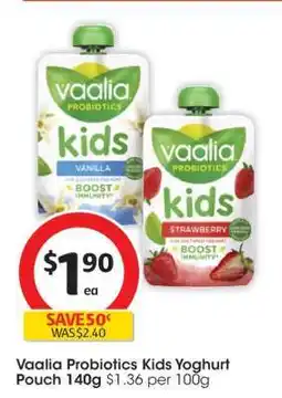 Coles Vaalia Probiotics Kids Yoghurt Pouch 140g offer